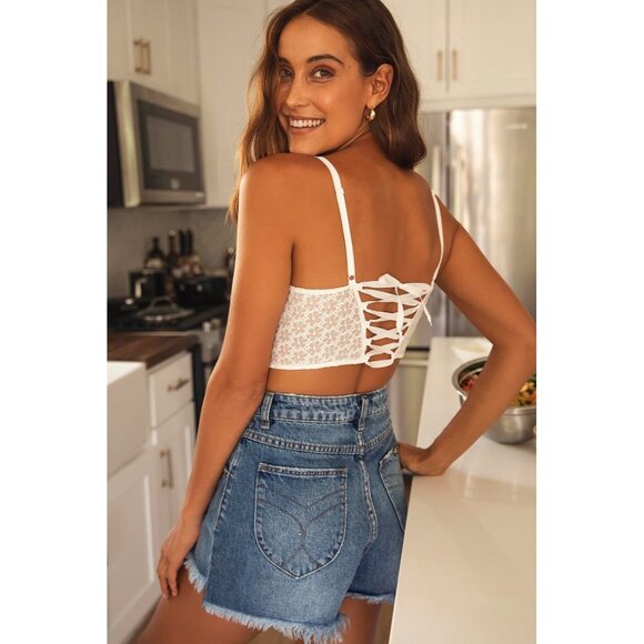 Free People Other - NWT Free People White Embroidered Lace-Up Corset Style Longline Bra Buster Crop